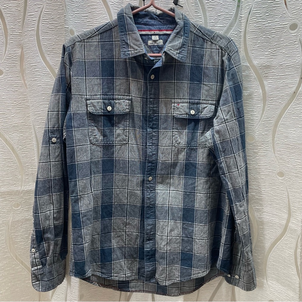 Tommy Hilfiger Plaid Button Down Mens Size M Blue Grey Custom Fit Shirt